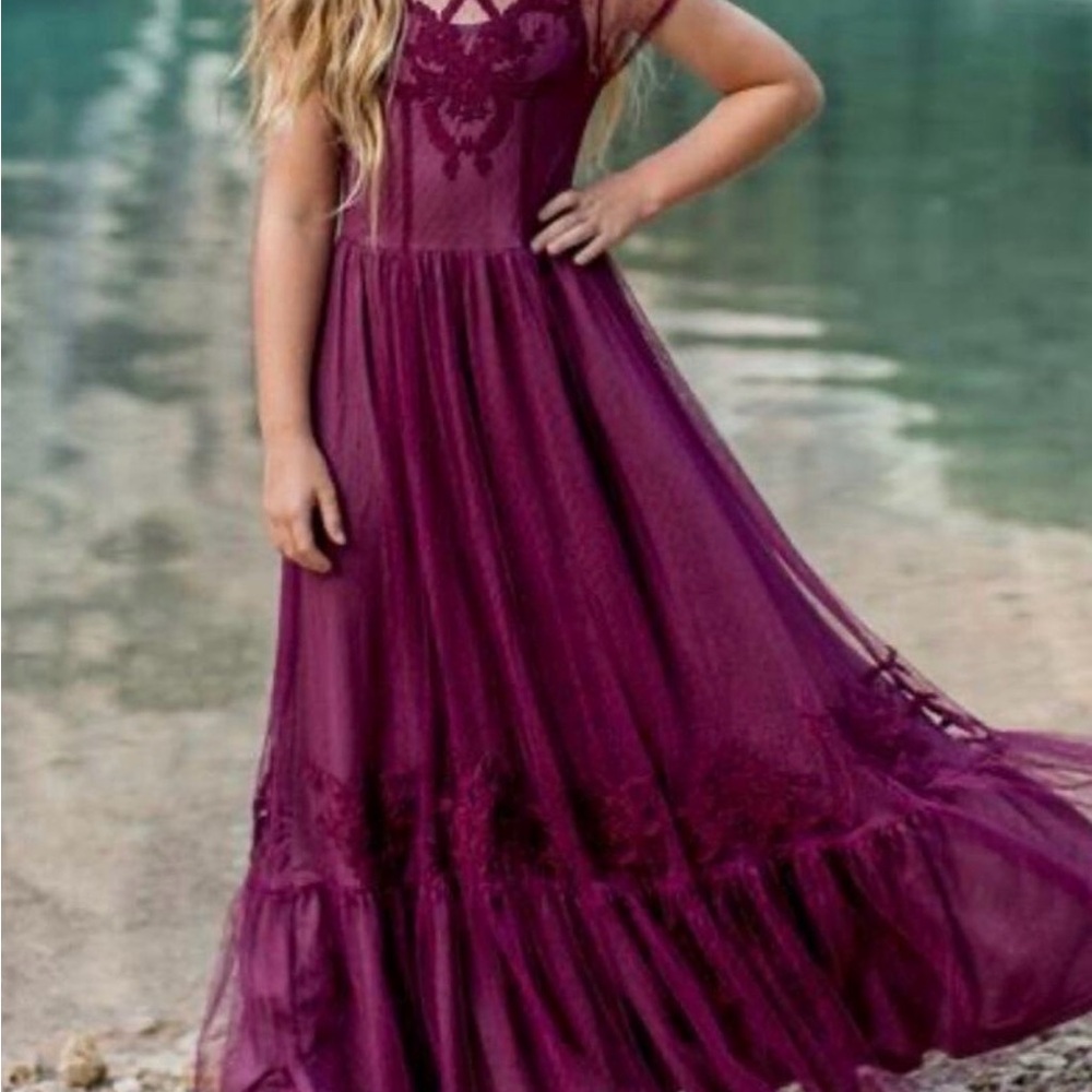 Joyfolie Mia Joy Girls' Elegant Lace Bodice Maxi Dress - Plum